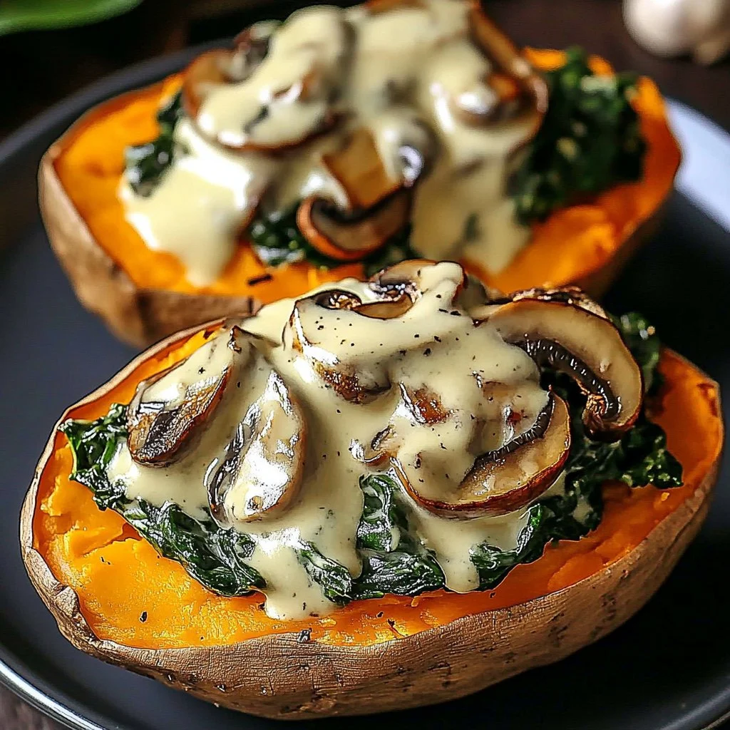 Creamy Mushroom and Spinach Stuffed Sweet Potatoes